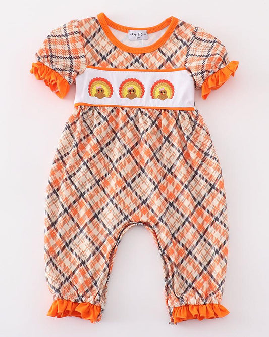 Orange Plaid Turkey Embroidered Girl Romper