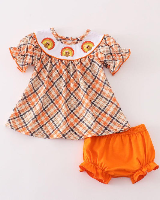 Orange Plaid Turkey Embroidered Baby Girl Set