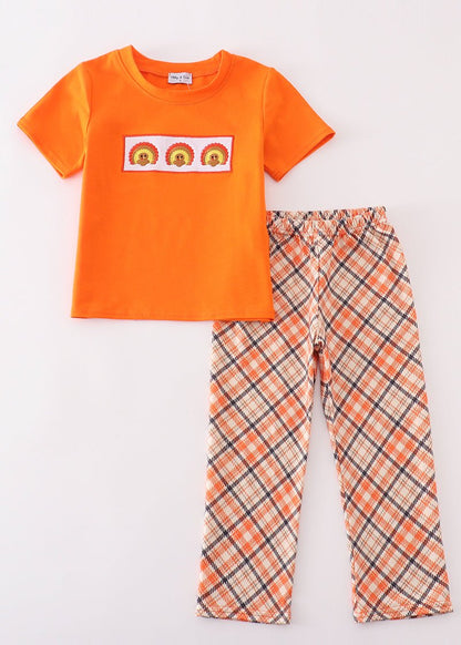 Orange Plaid Turkey Embroidered Boy Set