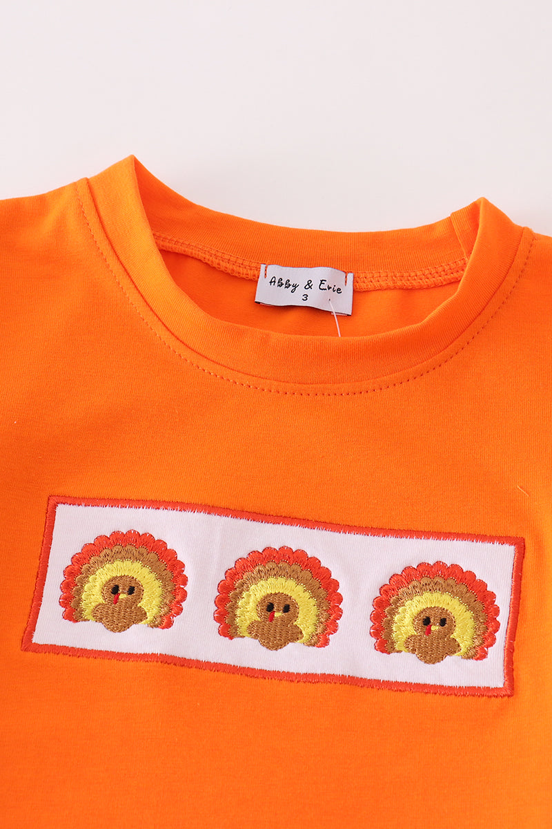 Orange Plaid Turkey Embroidered Boy Set