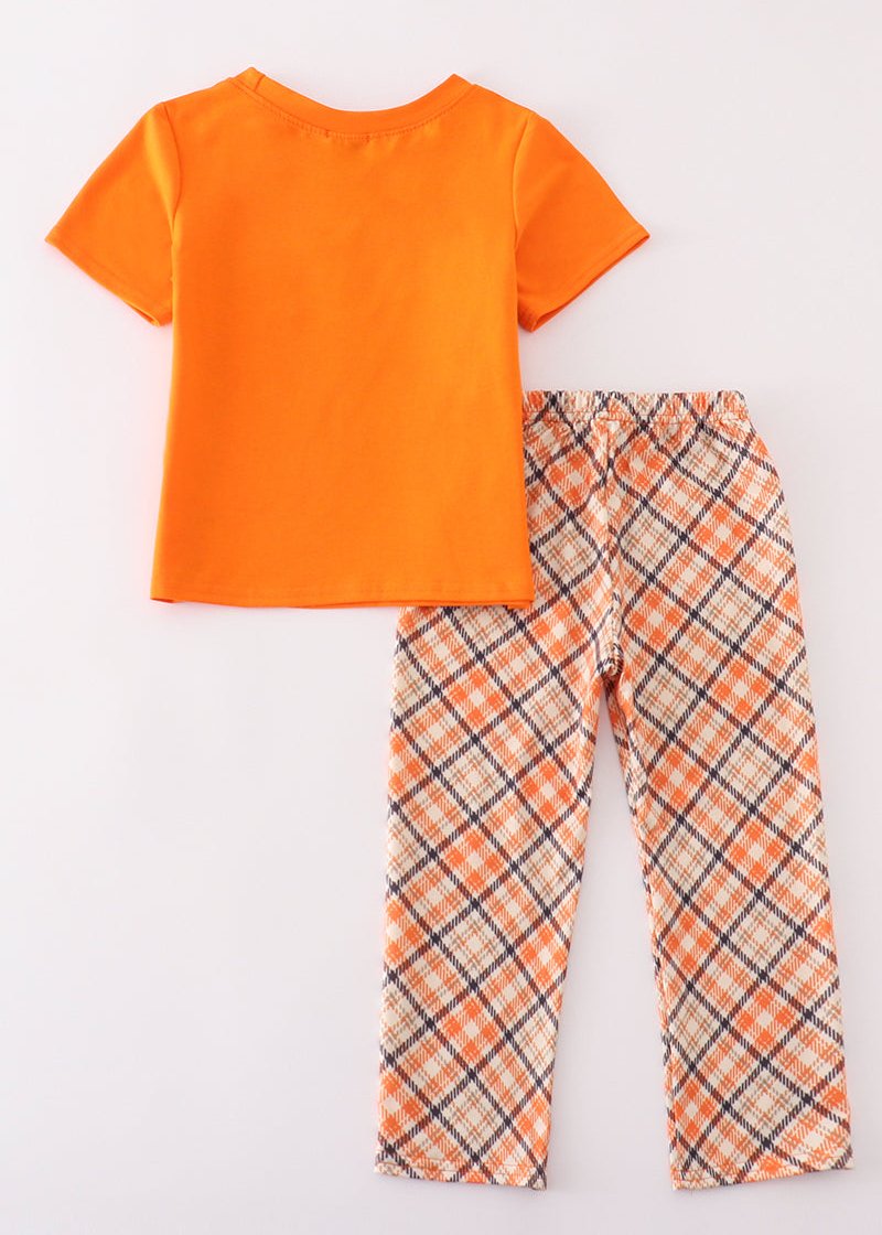 Orange Plaid Turkey Embroidered Boy Set