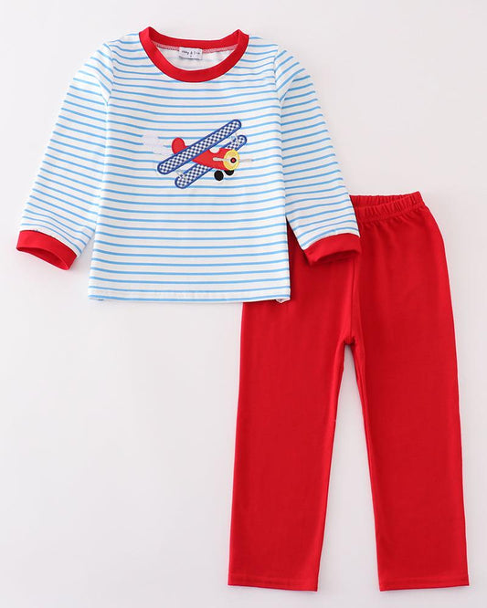 Blue Stripe Airplane Applique Boy Pants Set