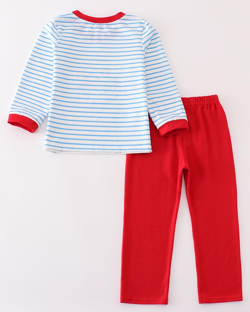 Blue Stripe Airplane Applique Boy Pants Set