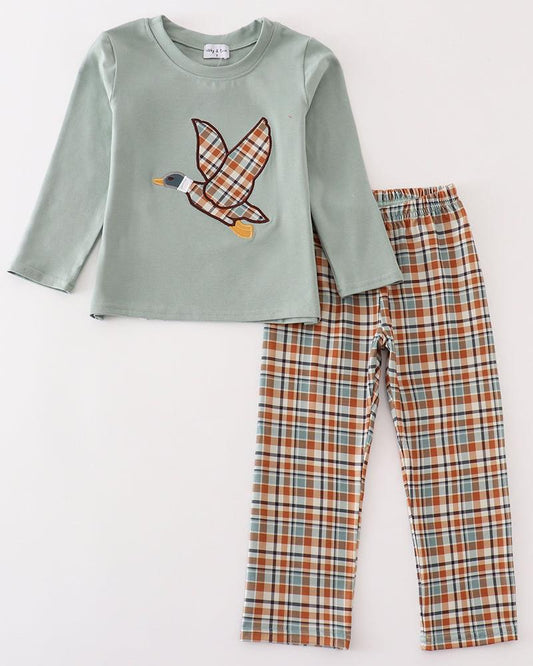 Sage Duck Plaid Applique Boy Set