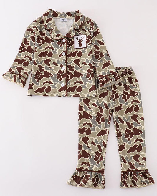 Camouflage Deer Embroidered Girl Pajamas Set