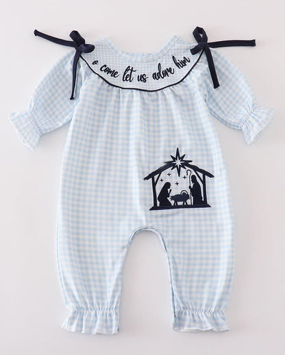 Navy Nativity Embroidered Gingham Girl Romper