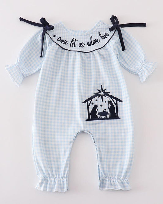 Navy Nativity Embroidered Gingham Girl Romper