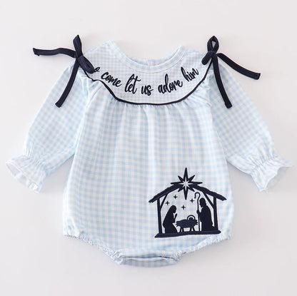 Navy Nativity Embroidered Gingham Girl Bubble