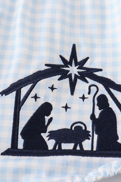 Navy Nativity Embroidered Gingham Girl Bubble