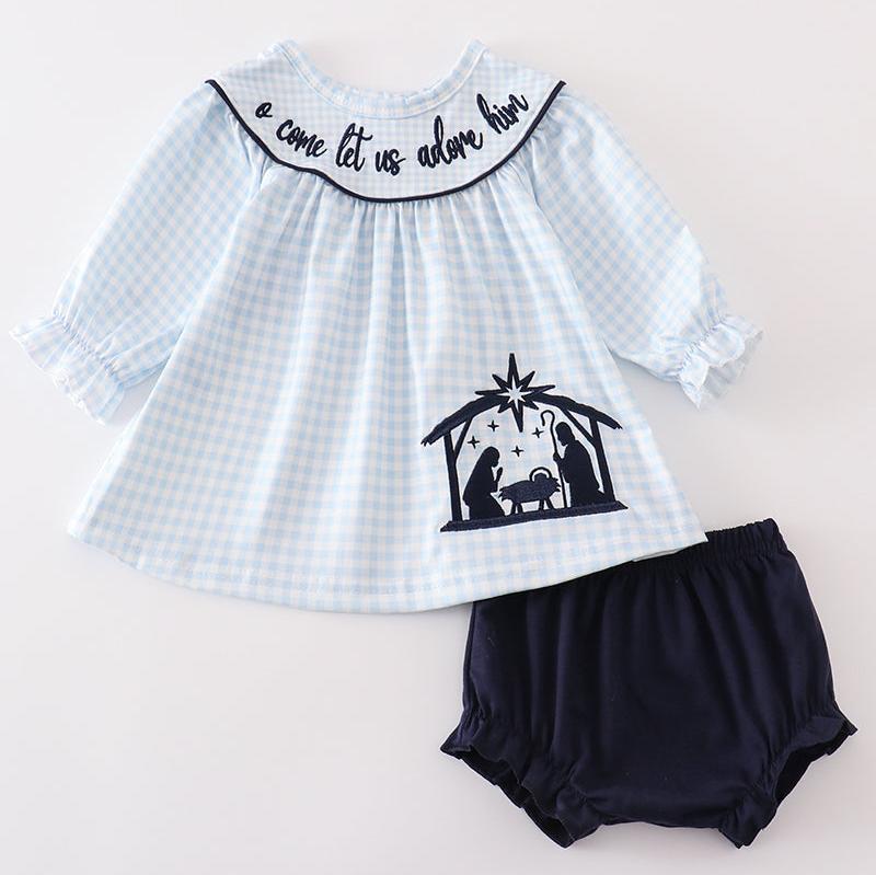 Navy Nativity Embroidered Gingham Girl Bloomers Set