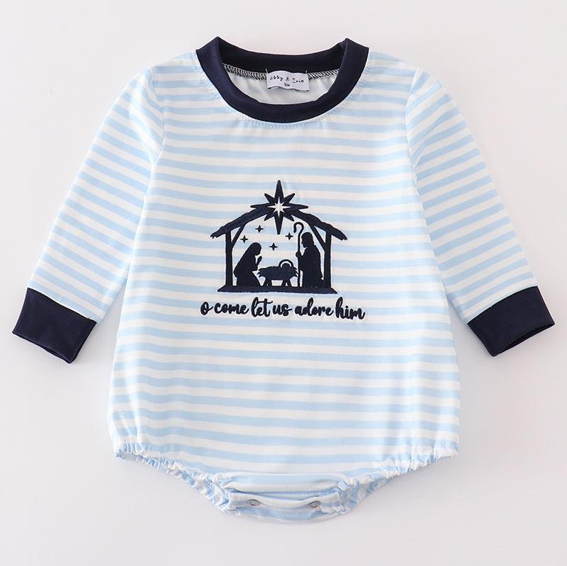 Navy Nativity Embroidered Stripe Boy Bubble