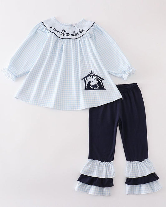 Navy Nativity Embroidered Gingham Girl Set