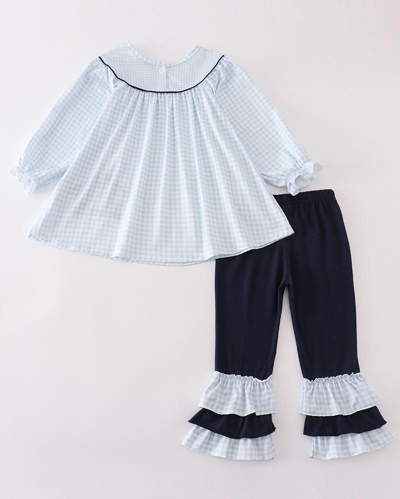 Navy Nativity Embroidered Gingham Girl Set