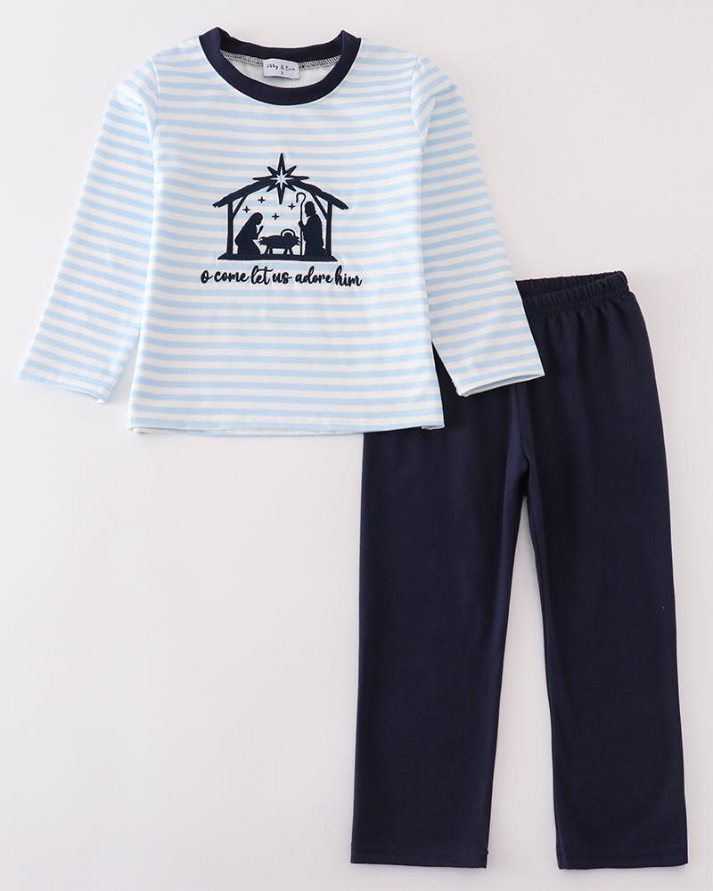 Navy Nativity Embroidered Stripe Boy Set