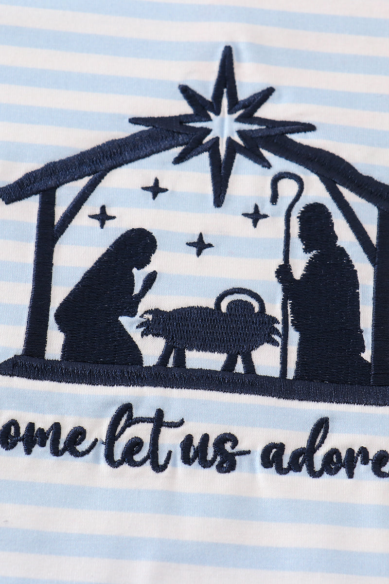 Navy Nativity Embroidered Stripe Boy Set