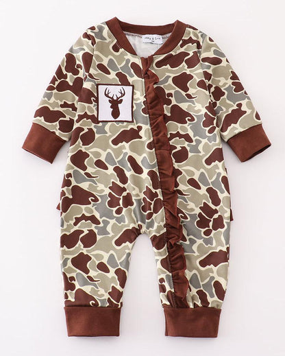 Camouflage Deer Embroidered Girl Romper