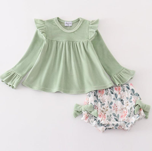 Emma Green Floral Print Velvet Ruffle Baby Set