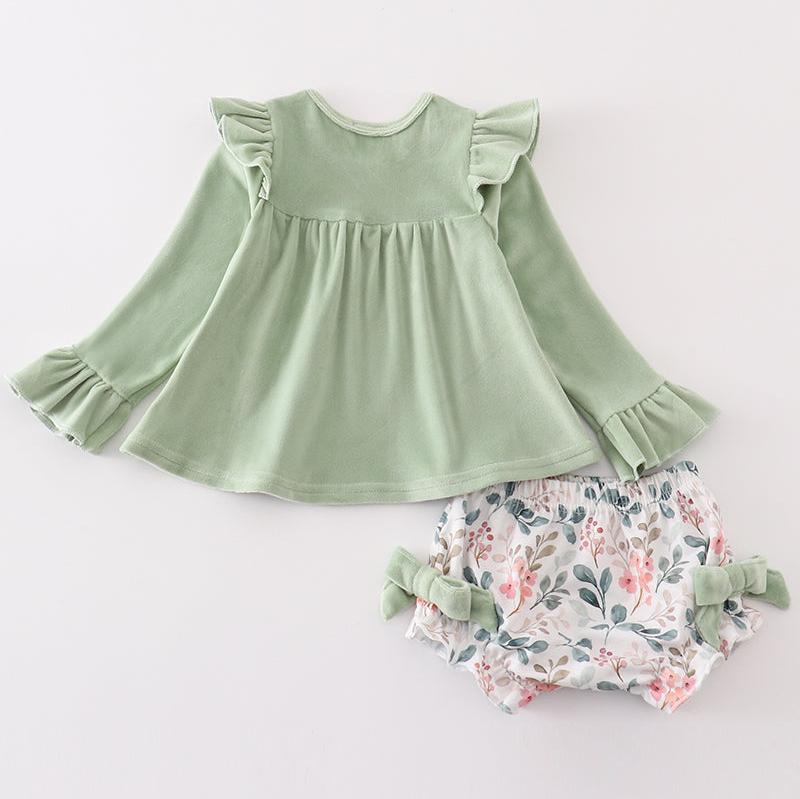 Emma Green Floral Print Velvet Ruffle Baby Set