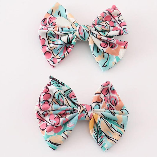 Forest Teal Floral Print 2pc Hair Bows