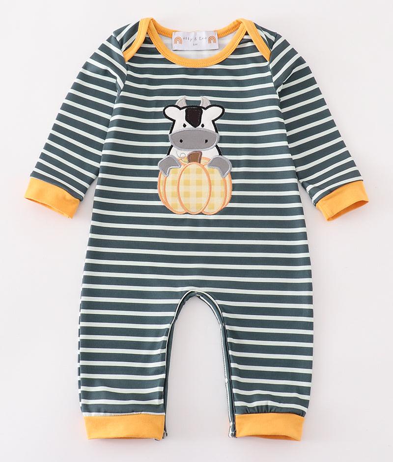 Maggie Cow Pumpkin Applique Green Stripe Boy Romper