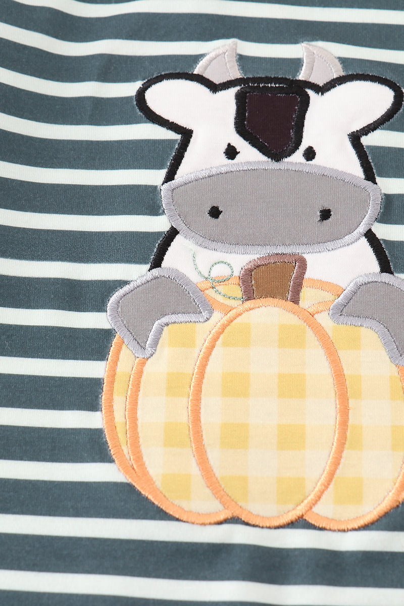 Maggie Cow Pumpkin Applique Green Stripe Boy Romper