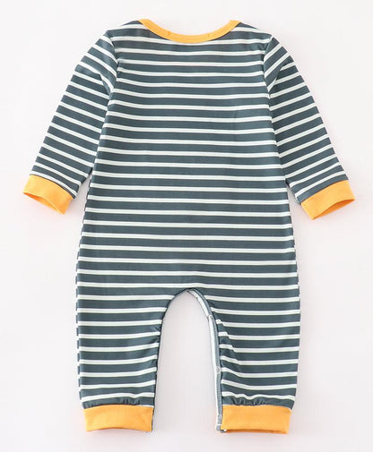 Maggie Cow Pumpkin Applique Green Stripe Boy Romper