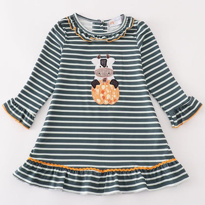 Maggie Cow Pumpkin Applique Green Stripe Dress