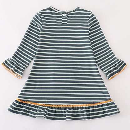 Maggie Cow Pumpkin Applique Green Stripe Dress