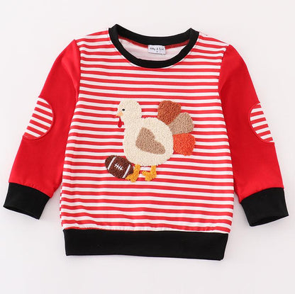 Thanksgiving Turkey Football French Knot Red Stripe Boy Top