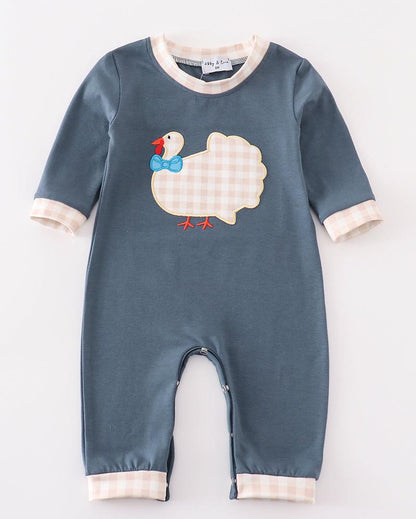 Thanksgiving Turkey Applique Blue Boy Romper