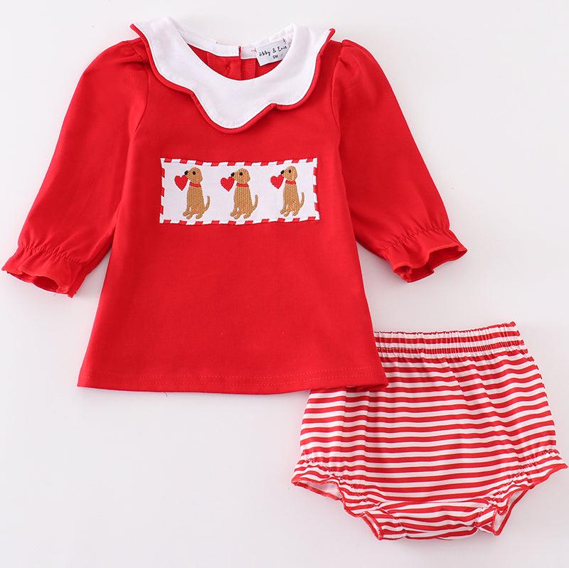 Red Valentine Puppy Embroidered Girl Bloomers Set