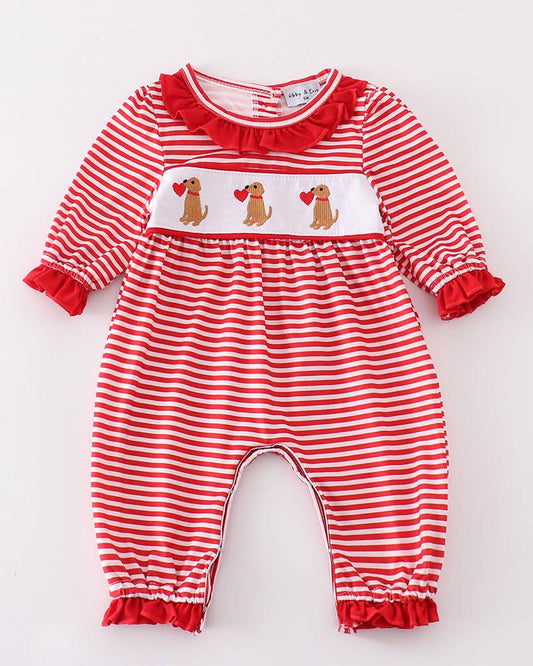 Valentine Puppy Embroidered Red Stripe Girl Romper