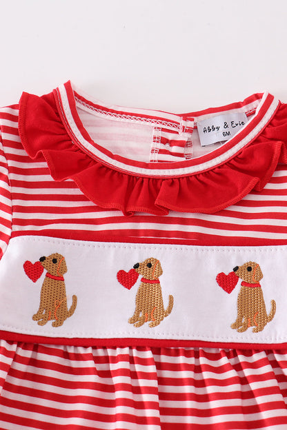 Valentine Puppy Embroidered Red Stripe Girl Romper