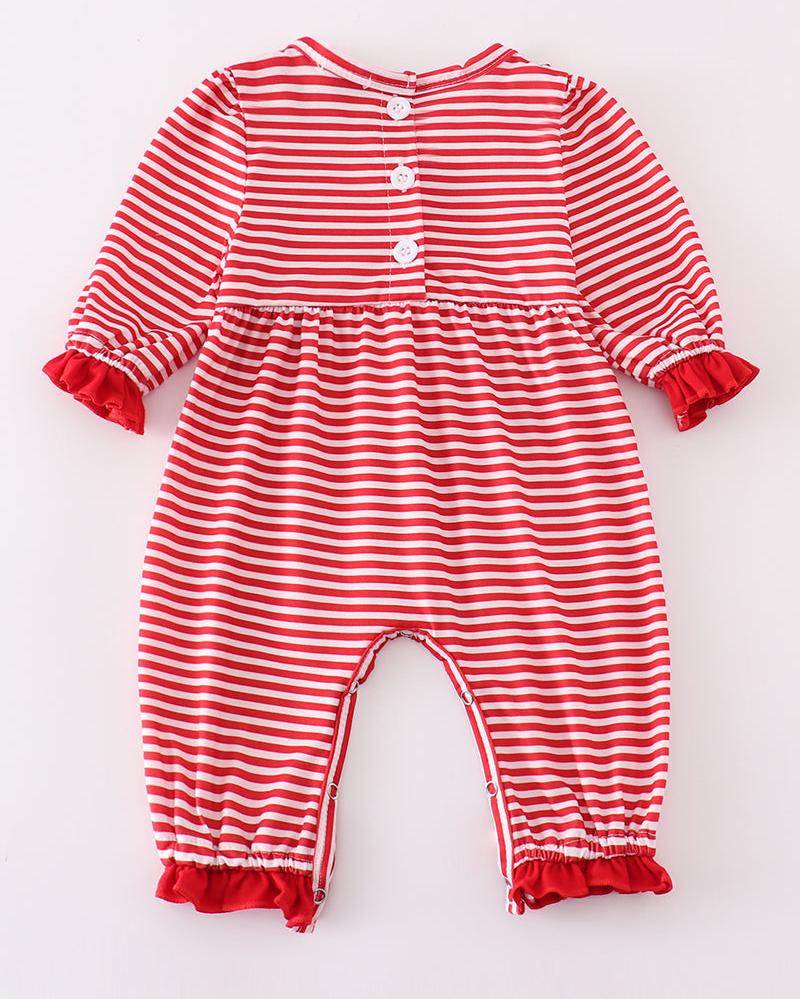 Valentine Puppy Embroidered Red Stripe Girl Romper