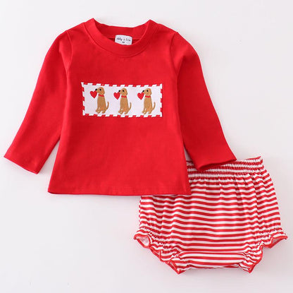 Red Valentine Puppy Embroidered Boy Bloomers Set