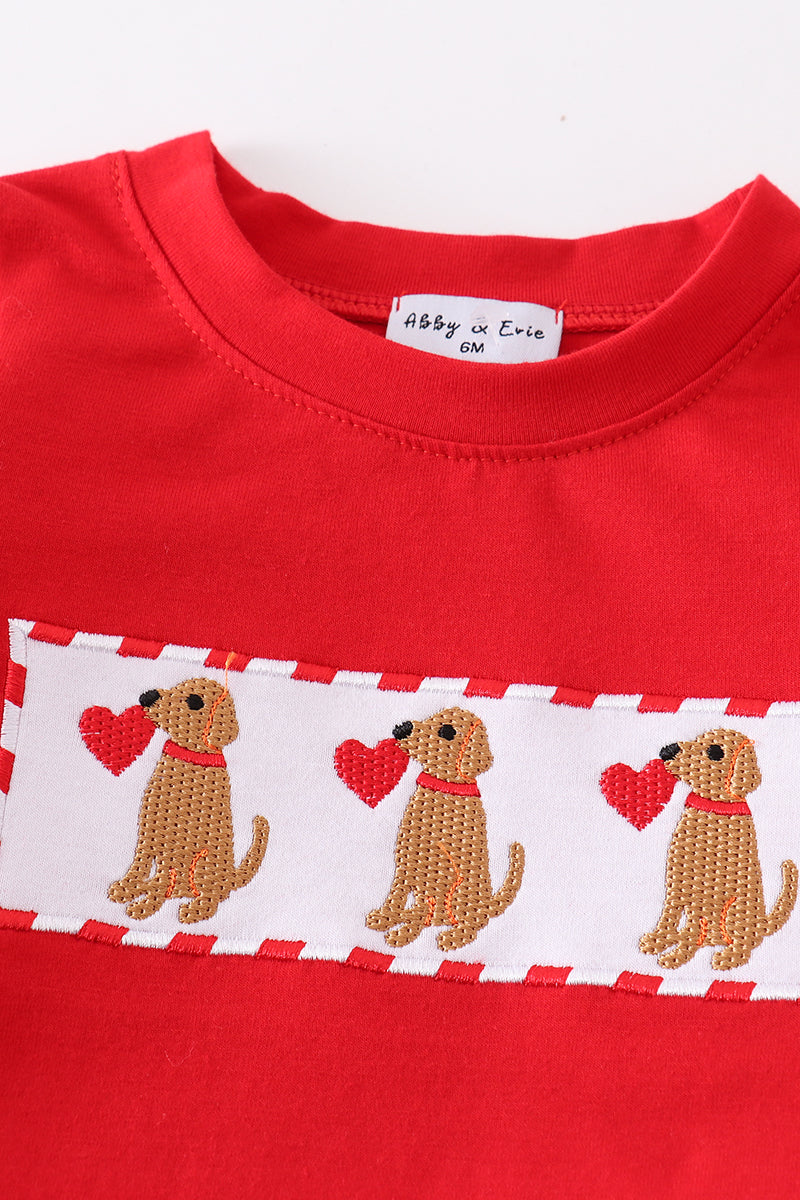 Red Valentine Puppy Embroidered Boy Bloomers Set