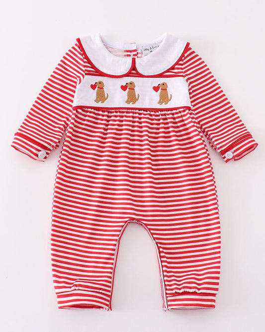 Red Valentine Puppy Embroidered Boy Romper