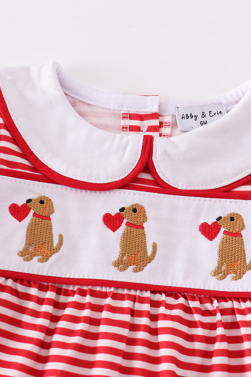 Red Valentine Puppy Embroidered Boy Romper