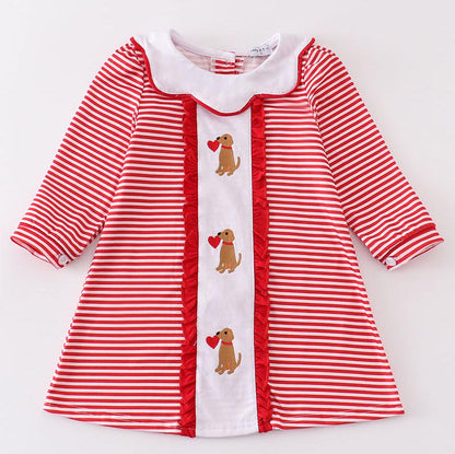 Valentine Puppy Embroidered Red Stripe Dress