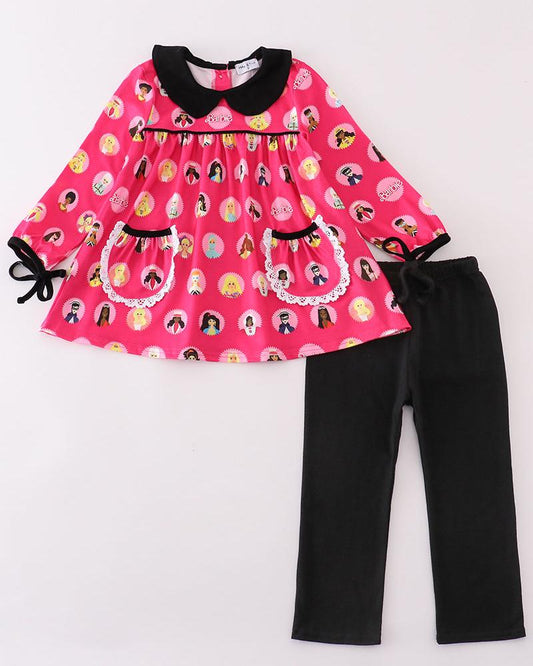 Pink Barbie Print Girl Pants Set