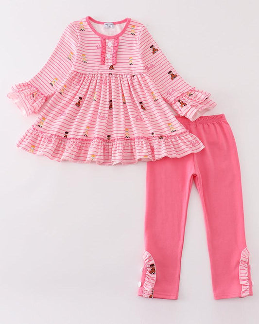 Pink Stripe Barbie Print Girl Ruffle Set