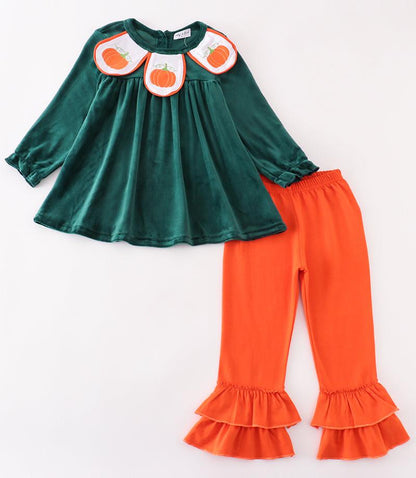 Forest Velvet Pumpkin Embroidered Girl Set