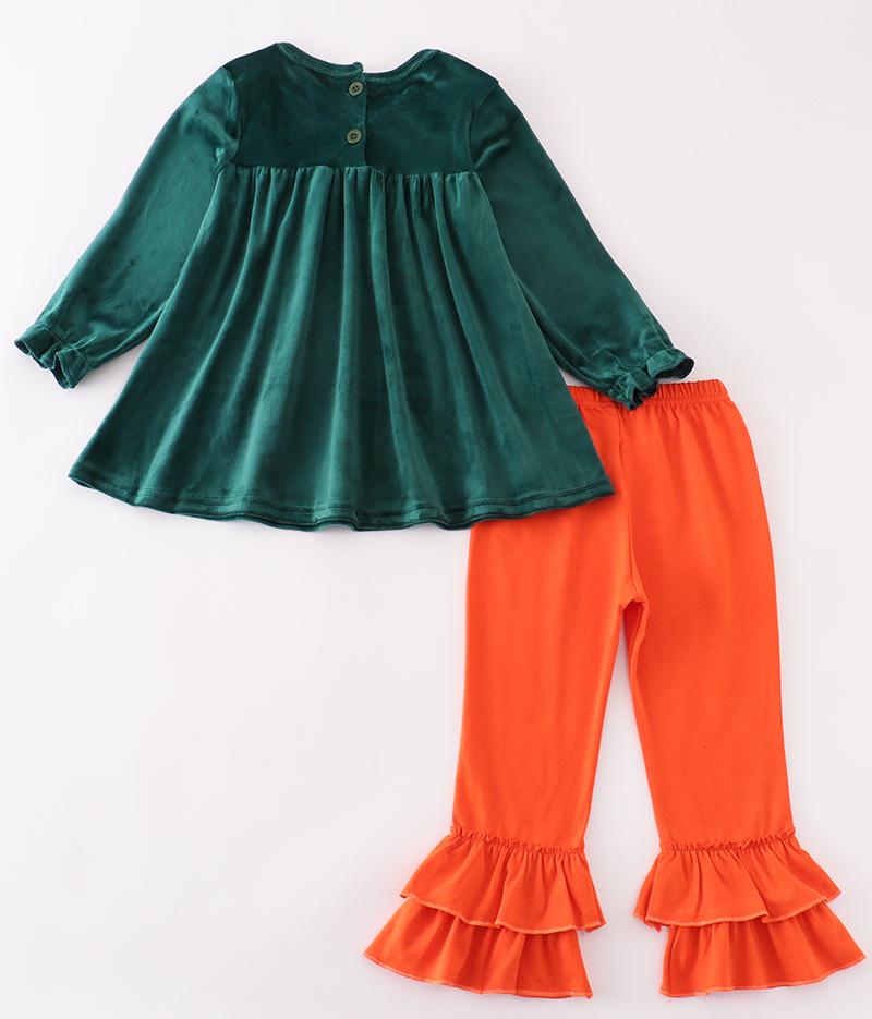 Forest Velvet Pumpkin Embroidered Girl Set