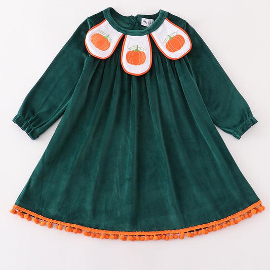 Forest Velvet Pumpkin Embroidered Girl Dress