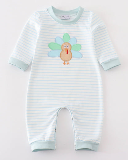 Turkey Applique Green Stripe Boy Romper