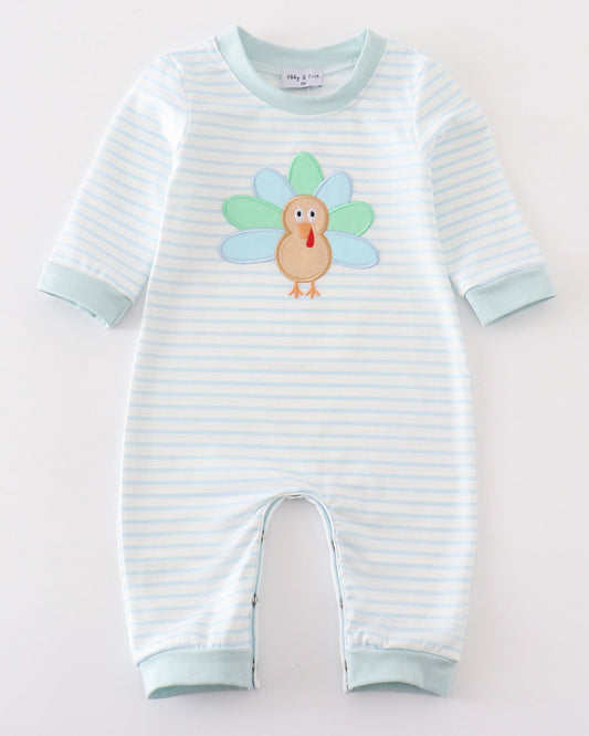 Turkey Applique Green Stripe Boy Romper