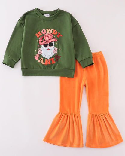 Howdy Santa Print Orange Velvet Bell Pants Set