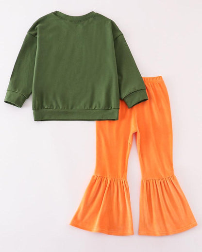 Howdy Santa Print Orange Velvet Bell Pants Set