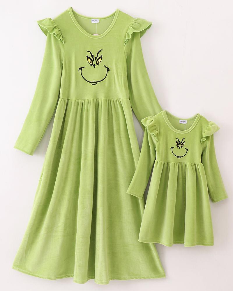 Green Velvet Christmas Character Embroidered Mom+Me Dress