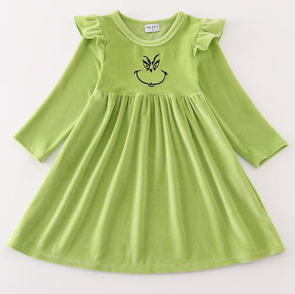 Green Velvet Christmas Character Embroidered Mom+Me Dress